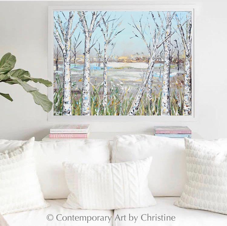 "Just Breathe" Giclee Print Art Abstract Landscape Painting Birch Trees Light Blue White