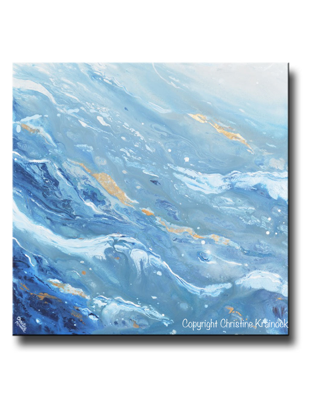 ORIGINAL Art Blue White Navy Abstract Painting Gold Leaf Marbled Coastal Wall Art 36x36"