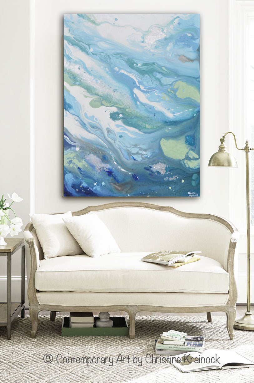 ORIGINAL Art Modern Blue Abstract Painting Aqua White Grey Silver Leaf ...