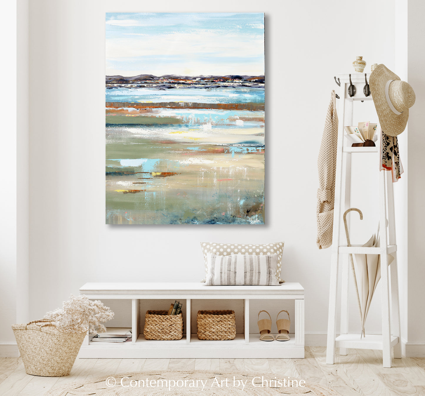 Load image into Gallery viewer, &amp;quot;The Day&amp;#39;s Joy&amp;quot; ORIGINAL Art Abstract Painting Beige Olive Green Light Blue Expressionist Landscape Wall Art 30x40&amp;quot;

