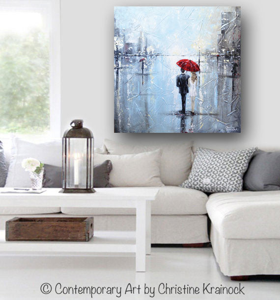 Load image into Gallery viewer, ORIGINAL Art Abstract Painting Couple Red Umbrella Girl White Grey Blue City Rain Modern Art - Christine Krainock Art - Contemporary Art by Christine - 5
