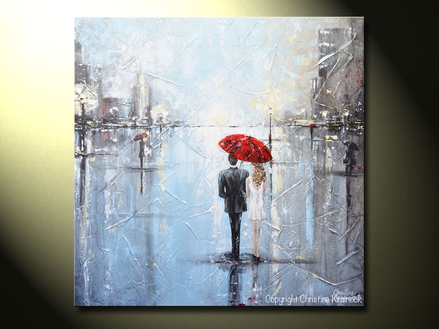 Load image into Gallery viewer, ORIGINAL Art Abstract Painting Couple Red Umbrella Girl White Grey Blue City Rain Modern Art - Christine Krainock Art - Contemporary Art by Christine - 6
