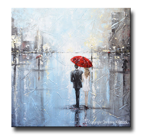 Load image into Gallery viewer, ORIGINAL Art Abstract Painting Couple Red Umbrella Girl White Grey Blue City Rain Modern Art - Christine Krainock Art - Contemporary Art by Christine - 3
