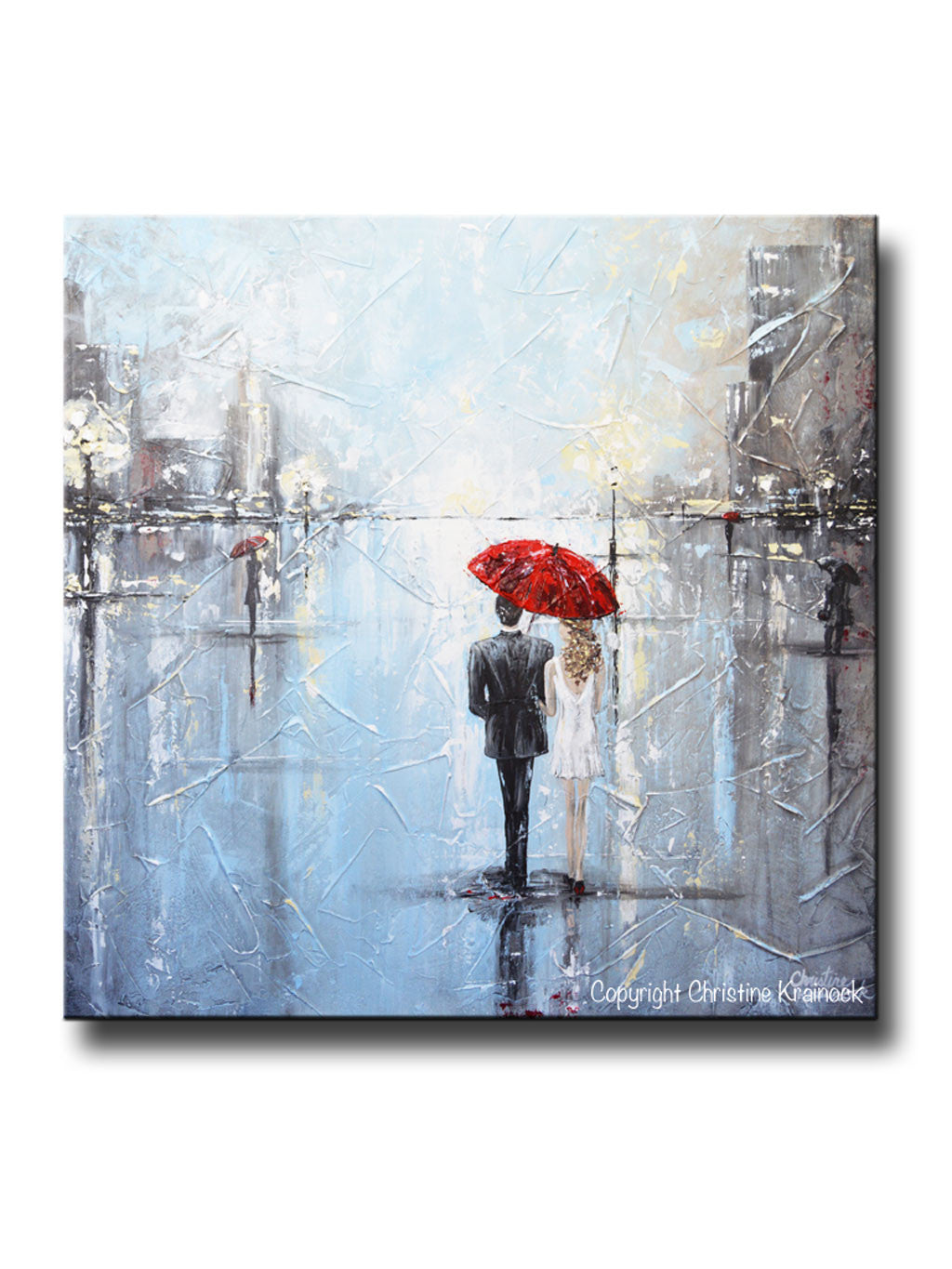 ORIGINAL Art Abstract Painting Couple Red Umbrella Girl White Grey Blue City Rain Modern Art - Christine Krainock Art - Contemporary Art by Christine - 1