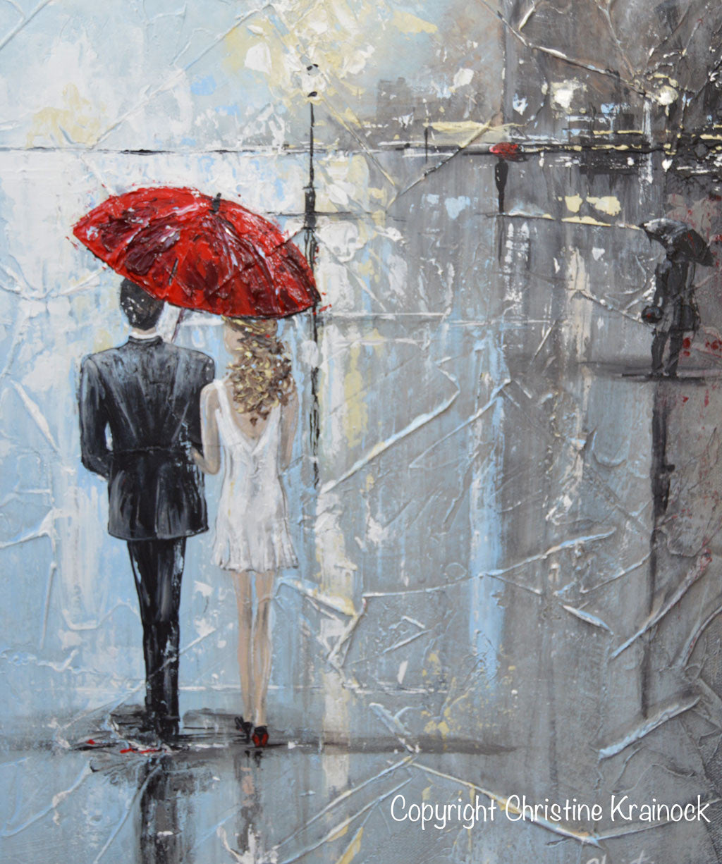 Load image into Gallery viewer, ORIGINAL Art Abstract Painting Couple Red Umbrella Girl White Grey Blue City Rain Modern Art - Christine Krainock Art - Contemporary Art by Christine - 4
