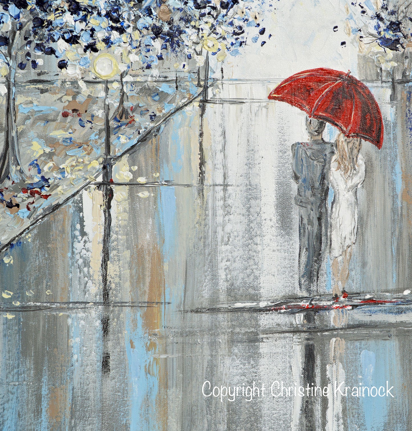 Load image into Gallery viewer, ORIGINAL Art Abstract Painting Couple Red Umbrella Girl Grey Navy Taupe City Rain Modern Wall Art 24x24&amp;quot; - Christine Krainock Art - Contemporary Art by Christine - 5
