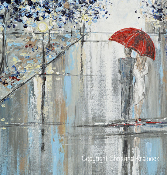 Load image into Gallery viewer, ORIGINAL Art Abstract Painting Couple Red Umbrella Girl Grey Navy Taupe City Rain Modern Wall Art 24x24&amp;quot; - Christine Krainock Art - Contemporary Art by Christine - 4
