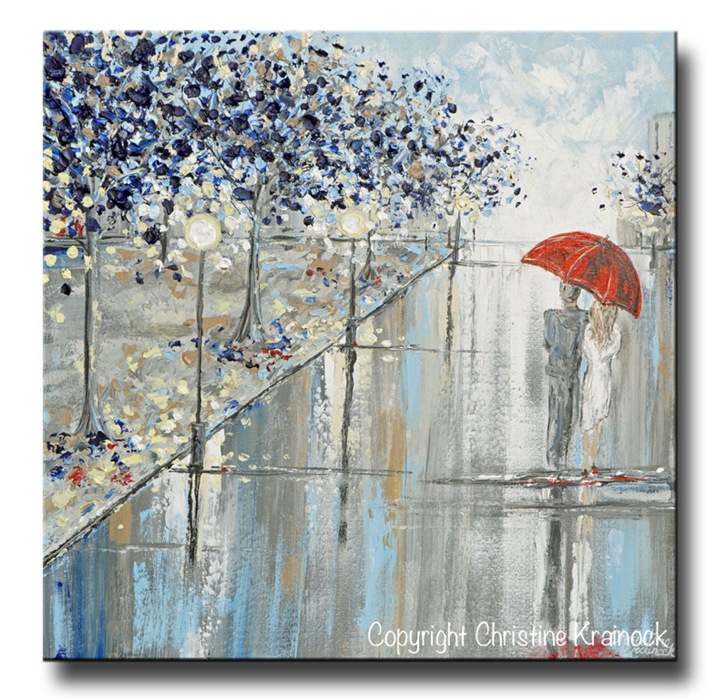 Load image into Gallery viewer, ORIGINAL Art Abstract Painting Couple Red Umbrella Girl Grey Navy Taupe City Rain Modern Wall Art 24x24&amp;quot; - Christine Krainock Art - Contemporary Art by Christine - 3
