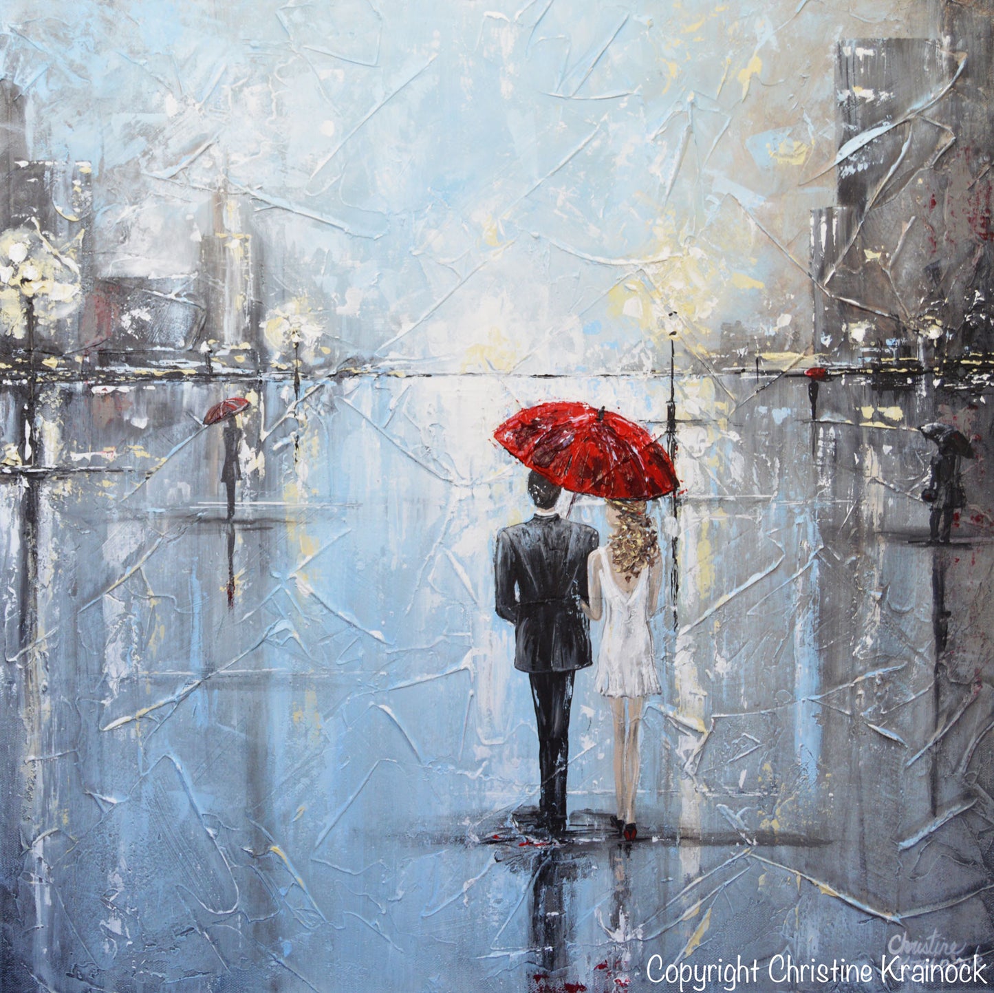 Load image into Gallery viewer, ORIGINAL Art Abstract Painting Couple Red Umbrella Girl White Grey Blue City Rain Modern Art - Christine Krainock Art - Contemporary Art by Christine - 7

