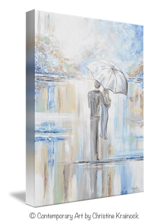 GICLEE PRINT Art Abstract Painting Couple w/ Umbrella Romantic Walk White Blue Grey X LARGE Canvas Wall Art - Christine Krainock Art - Contemporary Art by Christine - 7