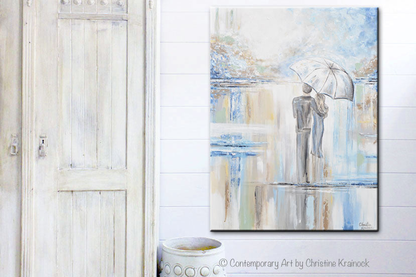 Load image into Gallery viewer, GICLEE PRINT Art Abstract Painting Couple w/ Umbrella Romantic Walk White Blue Grey X LARGE Canvas Wall Art - Christine Krainock Art - Contemporary Art by Christine - 4
