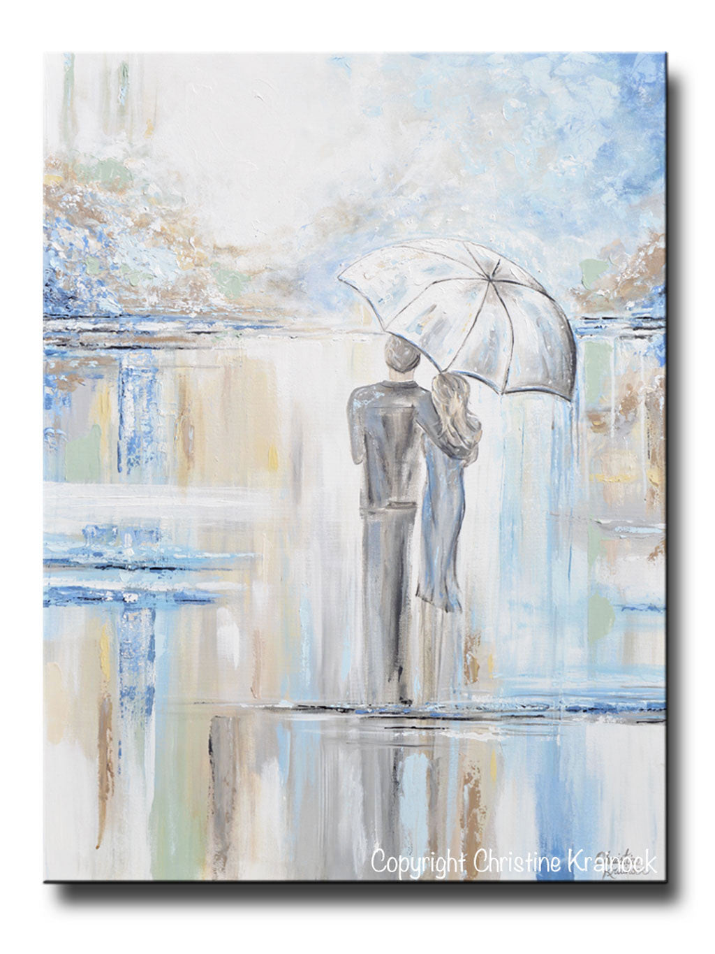 ORIGINAL Art Abstract Painting Couple with Umbrella Romantic Walk Textured White Blue Grey Gold X LARGE Wall Art Decor 40x30" - Christine Krainock Art - Contemporary Art by Christine - 1