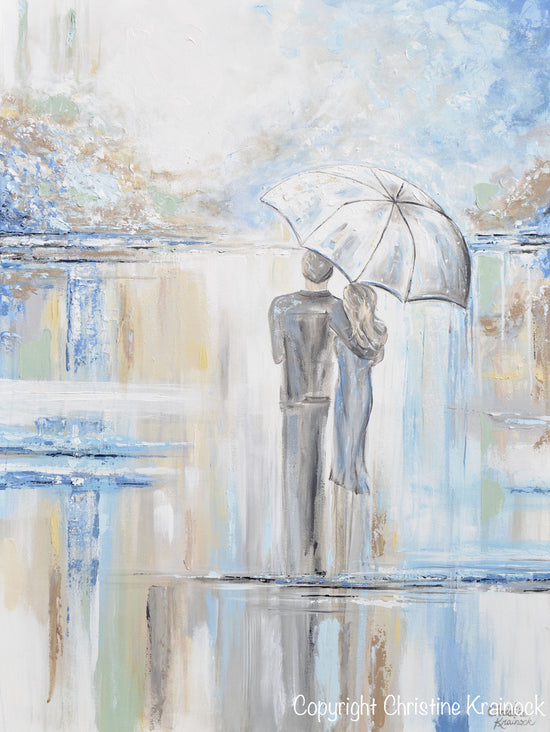 ORIGINAL Art Abstract Painting Couple with Umbrella Romantic Walk Textured White Blue Grey Gold X LARGE Wall Art Decor 40x30" - Christine Krainock Art - Contemporary Art by Christine - 6