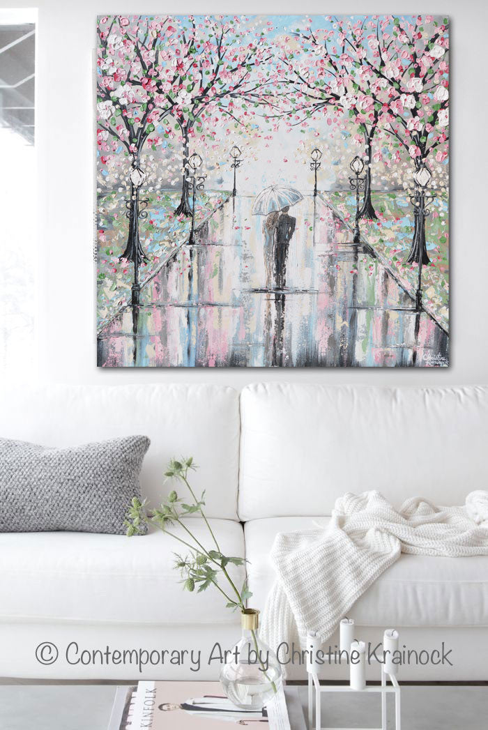 Load image into Gallery viewer, ORIGINAL Art Abstract Painting Couple with Umbrella Walk Rain Pink Cherry Trees Textured White Grey LARGE Wall Art Decor 36x36&amp;quot; - Christine Krainock Art - Contemporary Art by Christine - 2
