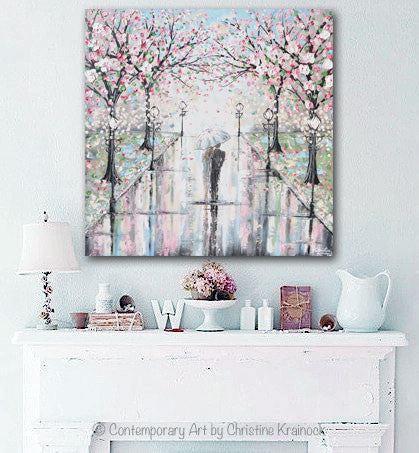 ORIGINAL Art Abstract Painting Couple with Umbrella Walk Rain Pink Cherry Trees Textured White Grey LARGE Wall Art Decor 36x36" - Christine Krainock Art - Contemporary Art by Christine - 4