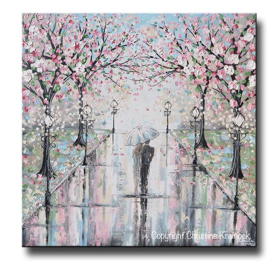 ORIGINAL Art Abstract Painting Couple with Umbrella Walk Rain Pink Cherry Trees Textured White Grey LARGE Wall Art Decor 36x36" - Christine Krainock Art - Contemporary Art by Christine - 3