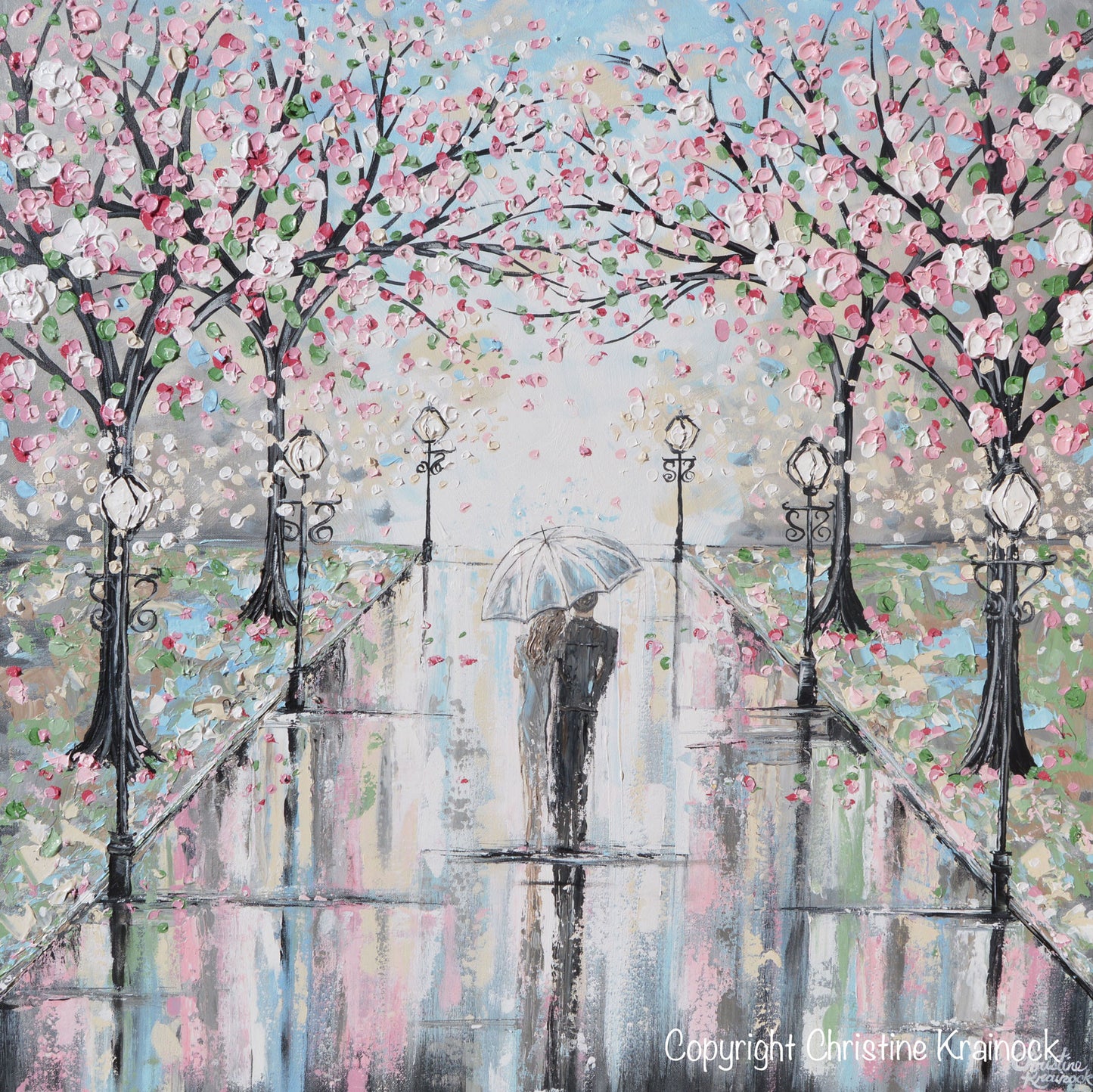 GICLEE PRINT Art Abstract Painting Couple with Umbrella Walk Rain Pink Cherry Trees Textured White Grey Modern Wall Art Decor - Christine Krainock Art - Contemporary Art by Christine - 6