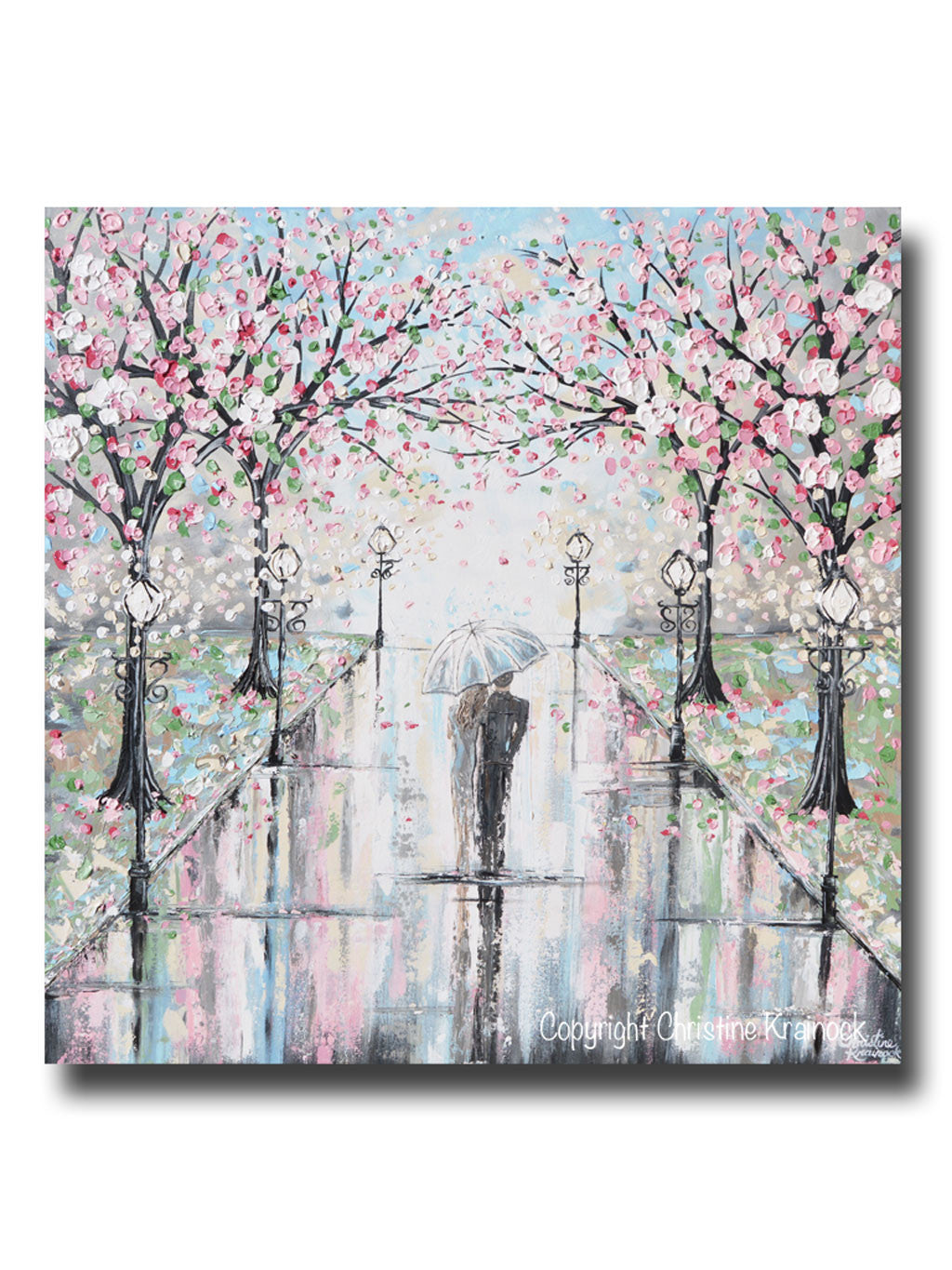 ORIGINAL Art Abstract Painting Couple with Umbrella Walk Rain Pink Cherry Trees Textured White Grey LARGE Wall Art Decor 36x36" - Christine Krainock Art - Contemporary Art by Christine - 1