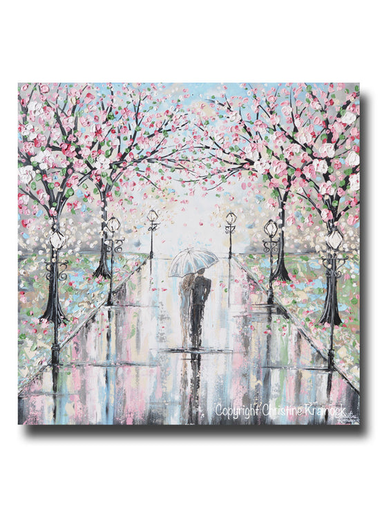 GICLEE PRINT Art Abstract Painting Couple with Umbrella Walk Rain Pink Cherry Trees Textured White Grey Modern Wall Art Decor - Christine Krainock Art - Contemporary Art by Christine - 1