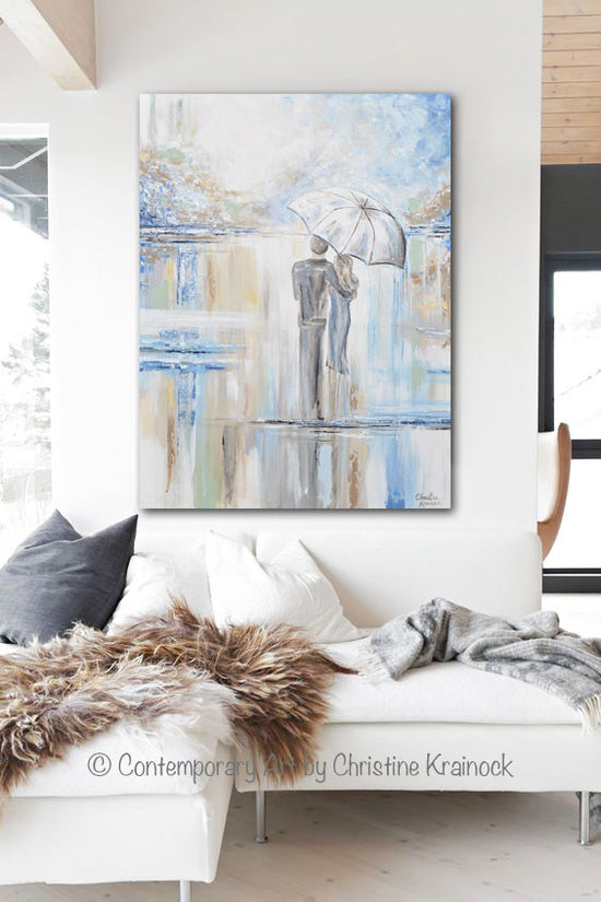 ORIGINAL Art Abstract Painting Couple with Umbrella Romantic Walk Textured White Blue Grey Gold X LARGE Wall Art Decor 40x30" - Christine Krainock Art - Contemporary Art by Christine - 2