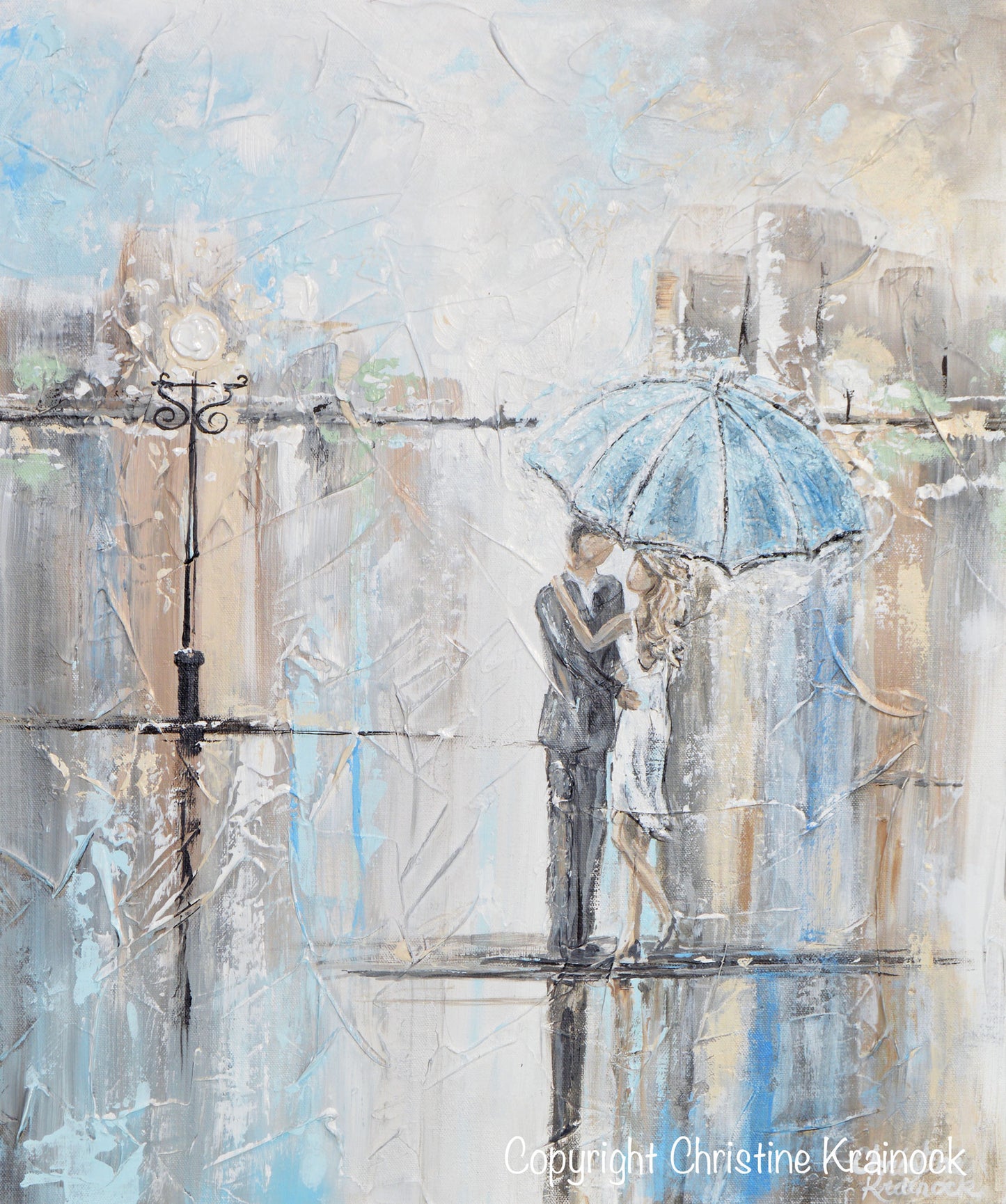 ORIGINAL Art Abstract Painting Couple with Umbrella Romantic Dance Rain Textured White Blue Grey Wall Art Home Decor 24x20" - Christine Krainock Art - Contemporary Art by Christine - 5