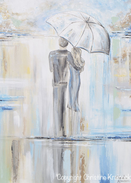 ORIGINAL Art Abstract Painting Couple with Umbrella Romantic Walk Textured White Blue Grey Gold X LARGE Wall Art Decor 40x30" - Christine Krainock Art - Contemporary Art by Christine - 5