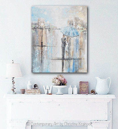 ORIGINAL Art Abstract Painting Couple with Umbrella Romantic Dance Rain Textured White Blue Grey Wall Art Home Decor 24x20" - Christine Krainock Art - Contemporary Art by Christine - 2