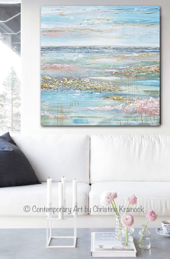 Load image into Gallery viewer, ORIGINAL Art Abstract Painting Landscape Horizon Blue Green Gold Grey Pink Textured LARGE 40x40&amp;quot;
