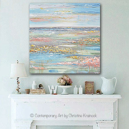 Load image into Gallery viewer, ORIGINAL Art Abstract Painting Landscape Horizon Blue Green Gold Grey Pink Textured LARGE 40x40&amp;quot;
