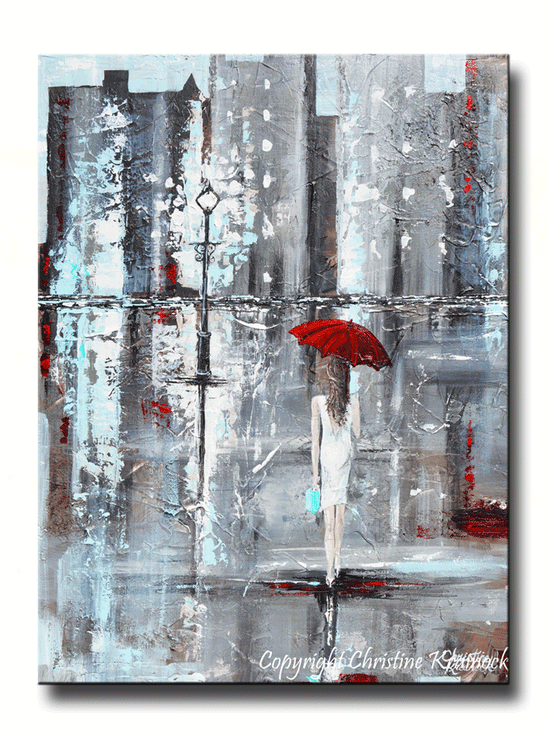 SOLD ORIGINAL Art Abstract Painting Red Umbrella Girl Rain White Grey Modern Textured Urban Tiffany Blue Gift Idea Wall Decor, Christine Krainock - Christine Krainock Art - Contemporary Art by Christine - 1