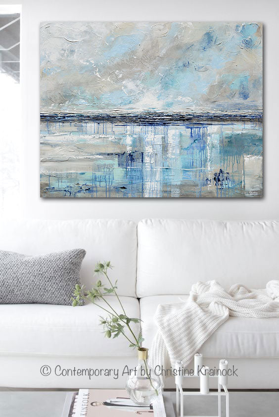 Load image into Gallery viewer, &amp;quot;Coastal Solitude&amp;quot; GICLEE PRINT Art Abstract Painting Beige Grey Light Blue Navy Beach Coastal Wall Art Home Decor

