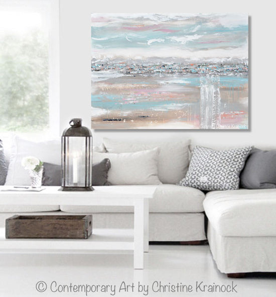 ORIGINAL Art Abstract Painting Landscape Blue Grey Pink Taupe Textured Minimalist LARGE 36x48"
