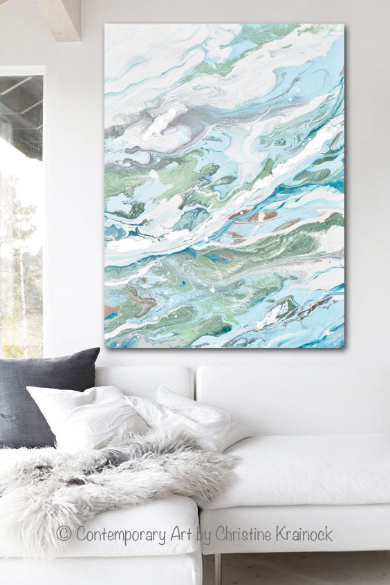 ORIGINAL Art Light Blue Green Abstract Painting Silver Leaf Marbled Co