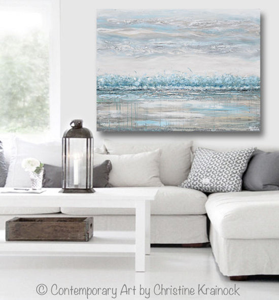 Load image into Gallery viewer, &amp;quot;Peace and Calm&amp;quot; GICLEE PRINT Art Abstract Painting Landscape Teal Blue Aqua Grey Trees LARGE Canvas Wall Art Decor
