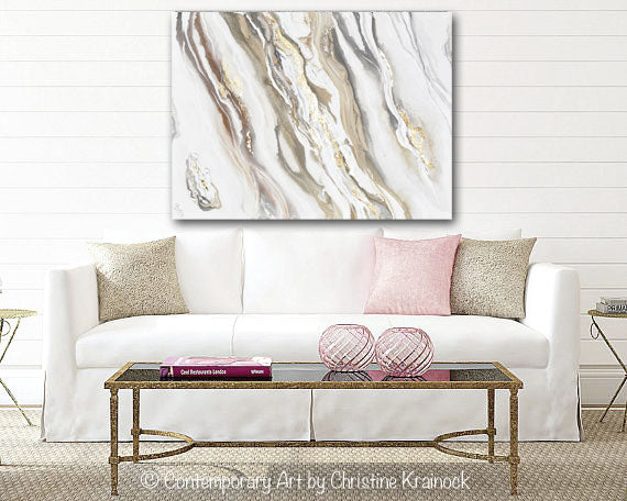 ORIGINAL Art Neutral Abstract Painting White Grey Beige Gold Leaf Marbled Coastal Wall Art 36x48"