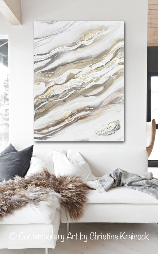 ORIGINAL Art Neutral Abstract Painting White Grey Beige Gold Leaf Marbled Coastal Wall Art 36x48"