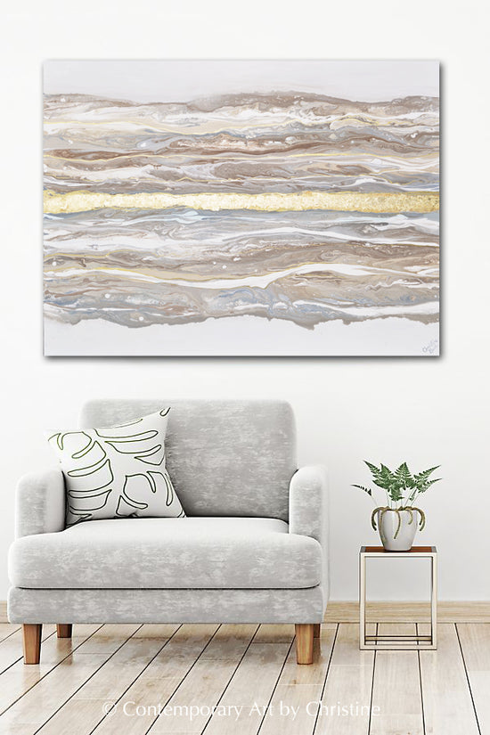 Load image into Gallery viewer, &amp;quot;Meditative&amp;quot; ORIGINAL Art Abstract Painting Neutral Gold Leaf Marbled Coastal Landscape XL 48x36&amp;quot;
