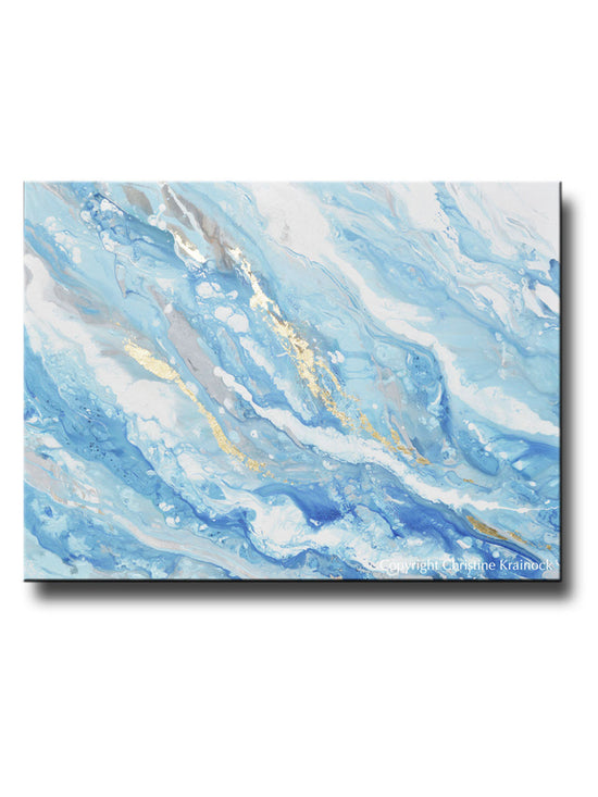 ORIGINAL Art Light Blue Aqua White Abstract Painting Gold Leaf Marbled Coastal Wall Art 48x36"