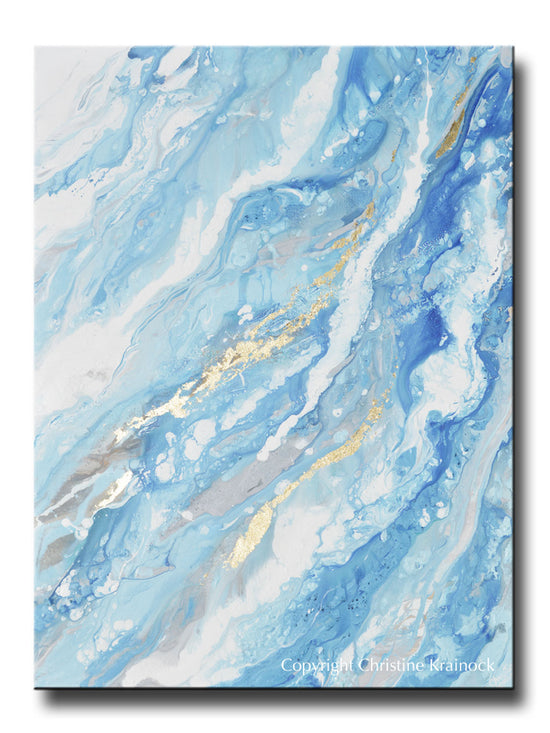 ORIGINAL Art Light Blue Aqua White Abstract Painting Gold Leaf Marbled Coastal Wall Art 48x36"