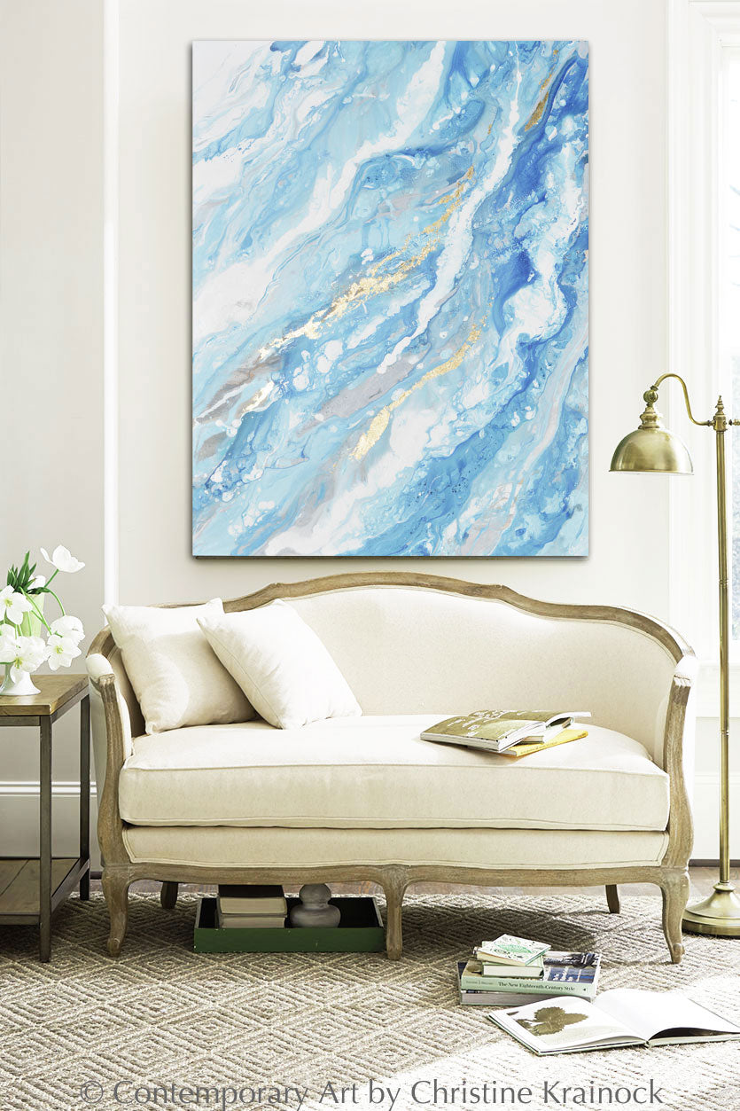 GICLEE PRINT Art Abstract Painting Blue White Coastal Seascape Gold Leaf Canvas Wall Art