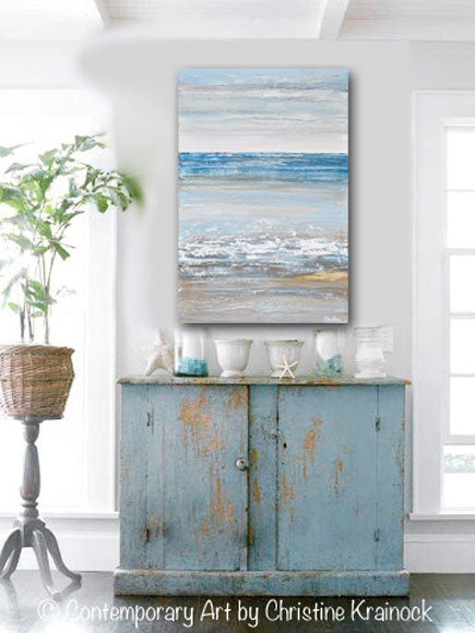 GICLEE PRINT Art Abstract Painting Seascape Blue White Grey Beige Ocean Beach Coastal Home Decor Wall Art