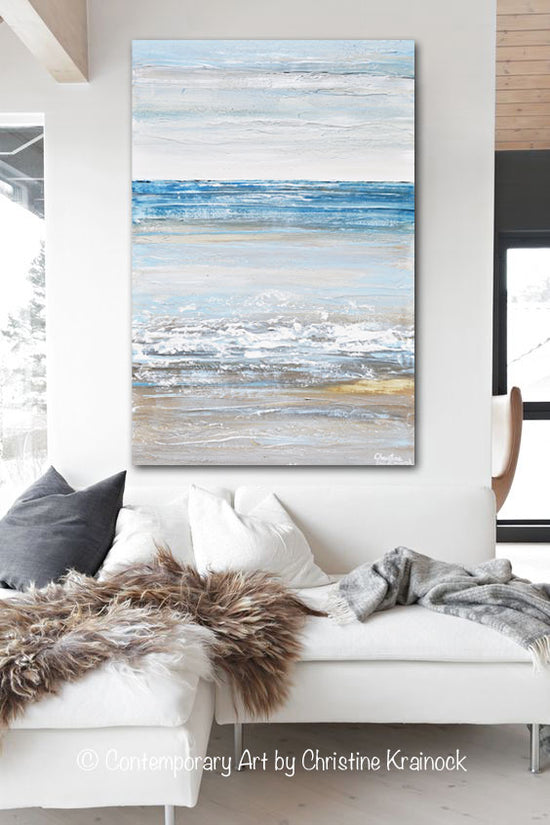 ORIGINAL Art Abstract Painting Textured Seascape Blue White Grey Beige Ocean Beach Coastal Home Decor Wall Art 24x36"