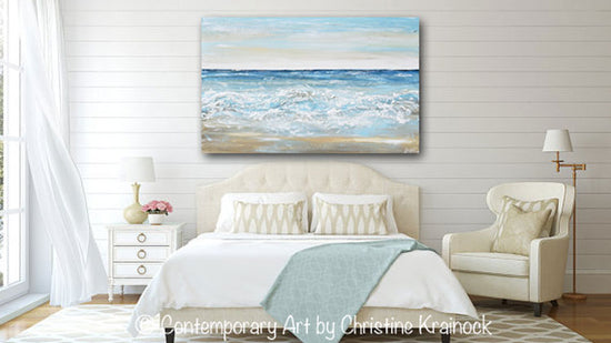 ORIGINAL Art Abstract Painting Textured Ocean Waves Blue White Grey Beige Beach Coastal Home Decor Wall Art 30x48"