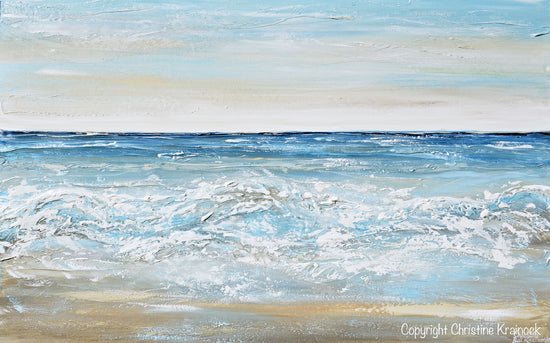 ORIGINAL Art Abstract Painting Textured Ocean Waves Blue White Grey Beige Beach Coastal Home Decor Wall Art 30x48"