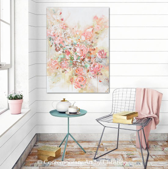 ORIGINAL Art Abstract Floral Painting Textured Pink Flowers Coral Peach Roses Wall Decor 30x40"