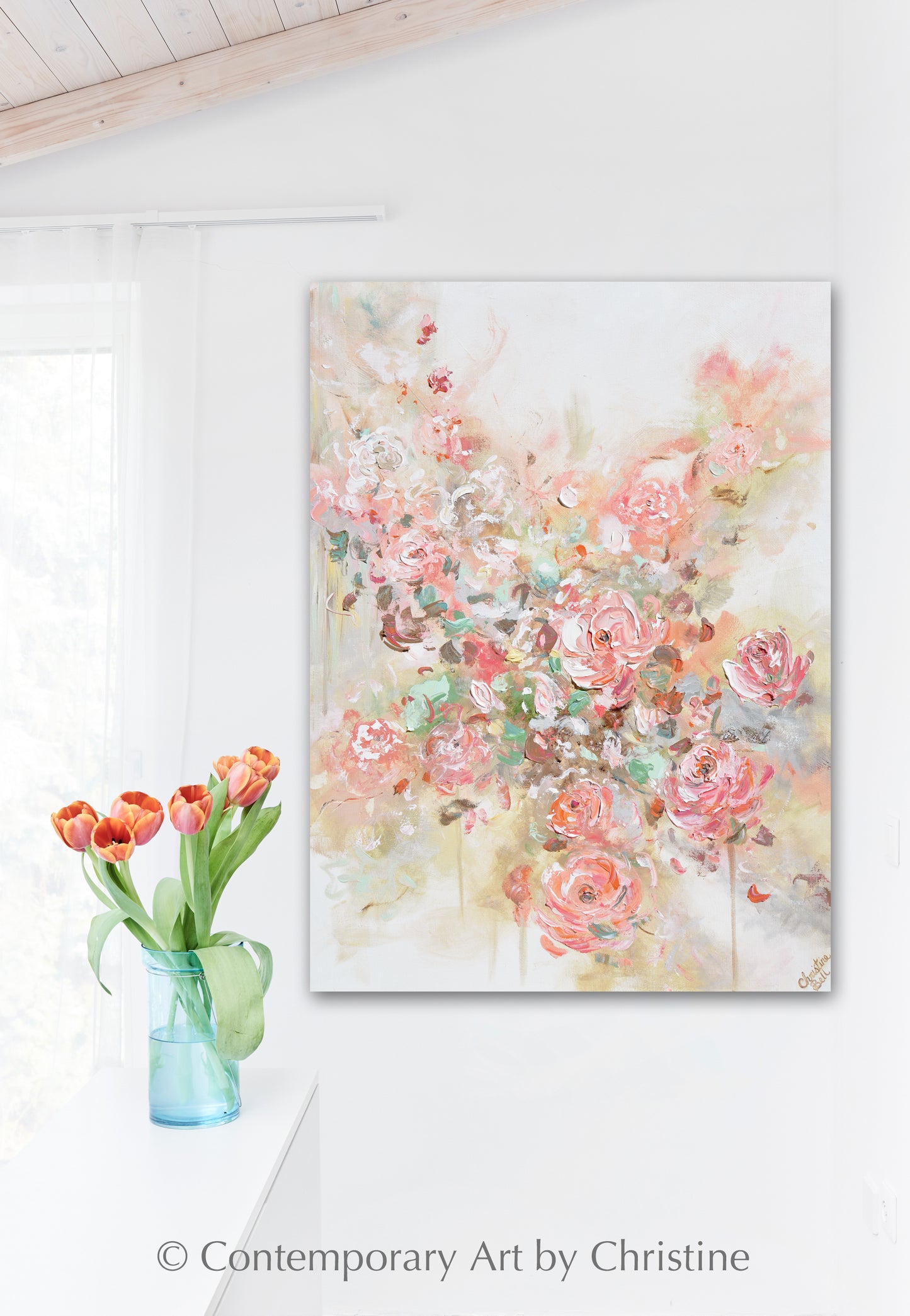 ORIGINAL Art Abstract Floral Painting Textured Pink Flowers Coral Peach Roses Wall Decor 30x40"