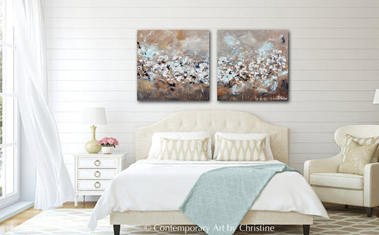 ORIGINAL Art Abstract Painting TEXTURED White Flowers 2 Canvas Diptych Grey Taupe Creme Blue Wall Decor 40"