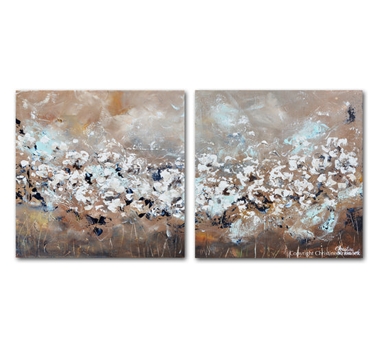 ORIGINAL Art Abstract Painting TEXTURED White Flowers 2 Canvas Diptych Grey Taupe Creme Blue Wall Decor 40"
