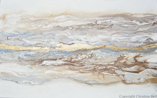 "Ingrained in My Soul" ORIGINAL Art Abstract Painting Neutral White Beige Gold Leaf Marbled Coastal Landscape 48x30"