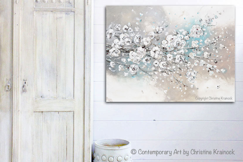 CUSTOM for JULIE-ORIGINAL Art Abstract Painting White Cherry Blossoms Branch Flowers White Grey Creme Blue Neutral Home Wall Decor 24x20"